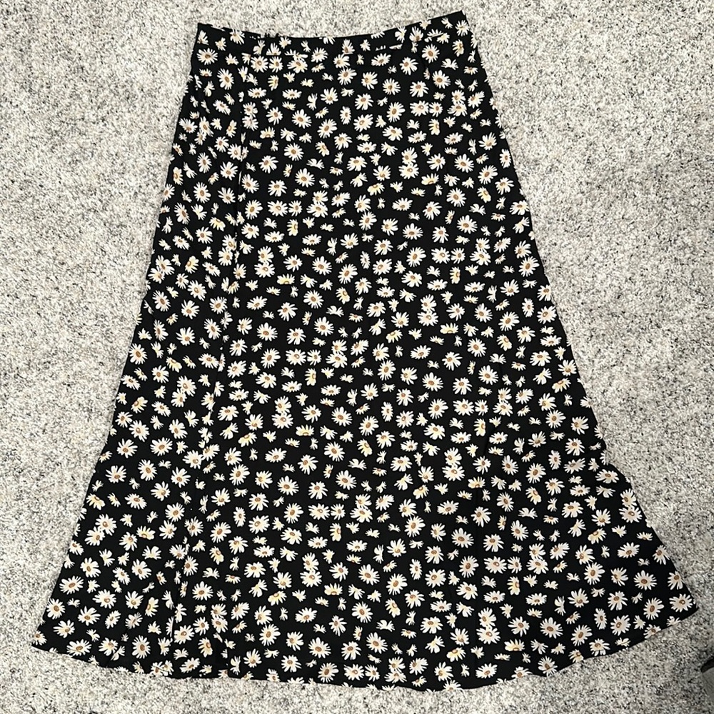 Daisy floral a line midi skirt boho zipper back high waist print large skirt